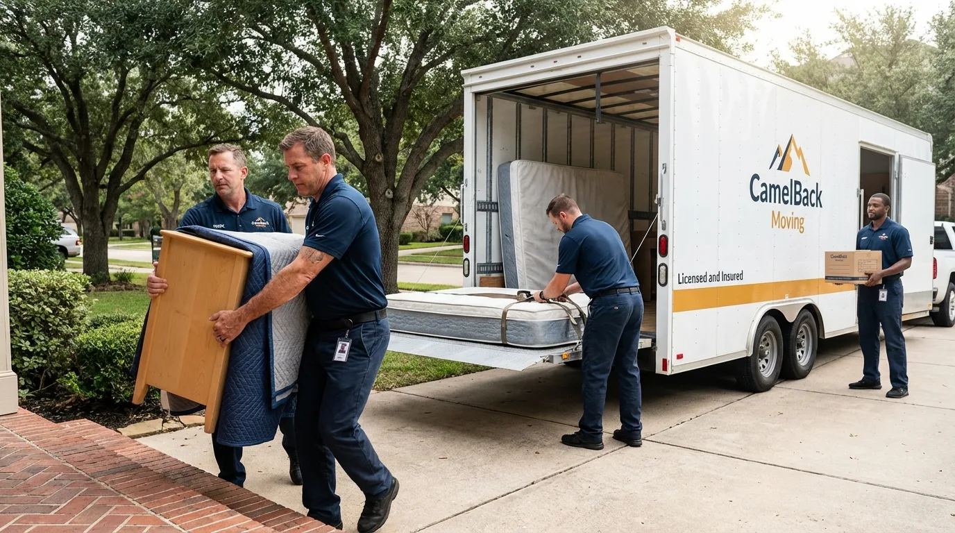 Crew loading residential truck for cross-state move from Crandall, TX