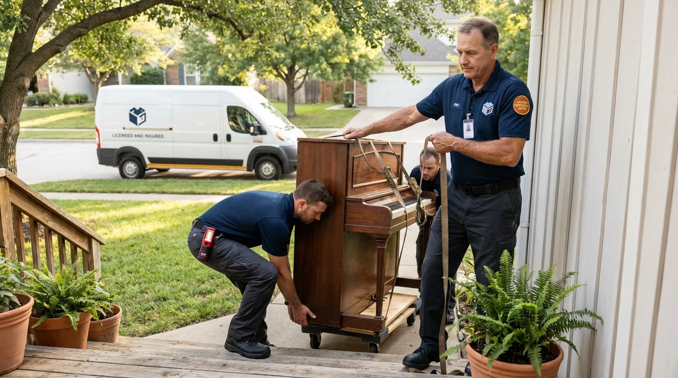 Licensed piano movers securing grand piano in Crandall, TX