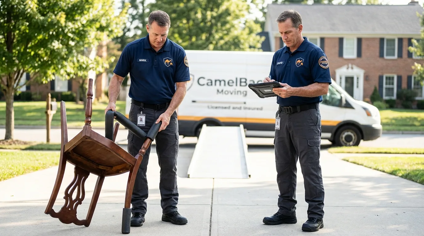 Movers inspecting furniture for damage prevention before loading in Crandall, TX